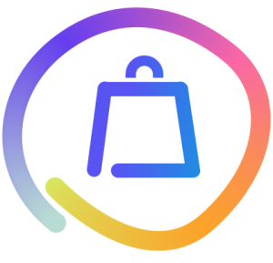 Kollectify shop icon, graded blue shopping bag icon inside free drawn mulit coloured circle that doesn't meet. Colour going from yellow through pink to blue then light blue.