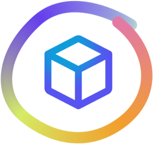 Kollectify app icon, outline of blue graded cube inside a hand drawn multi coloured circle that doesn't quite meet.